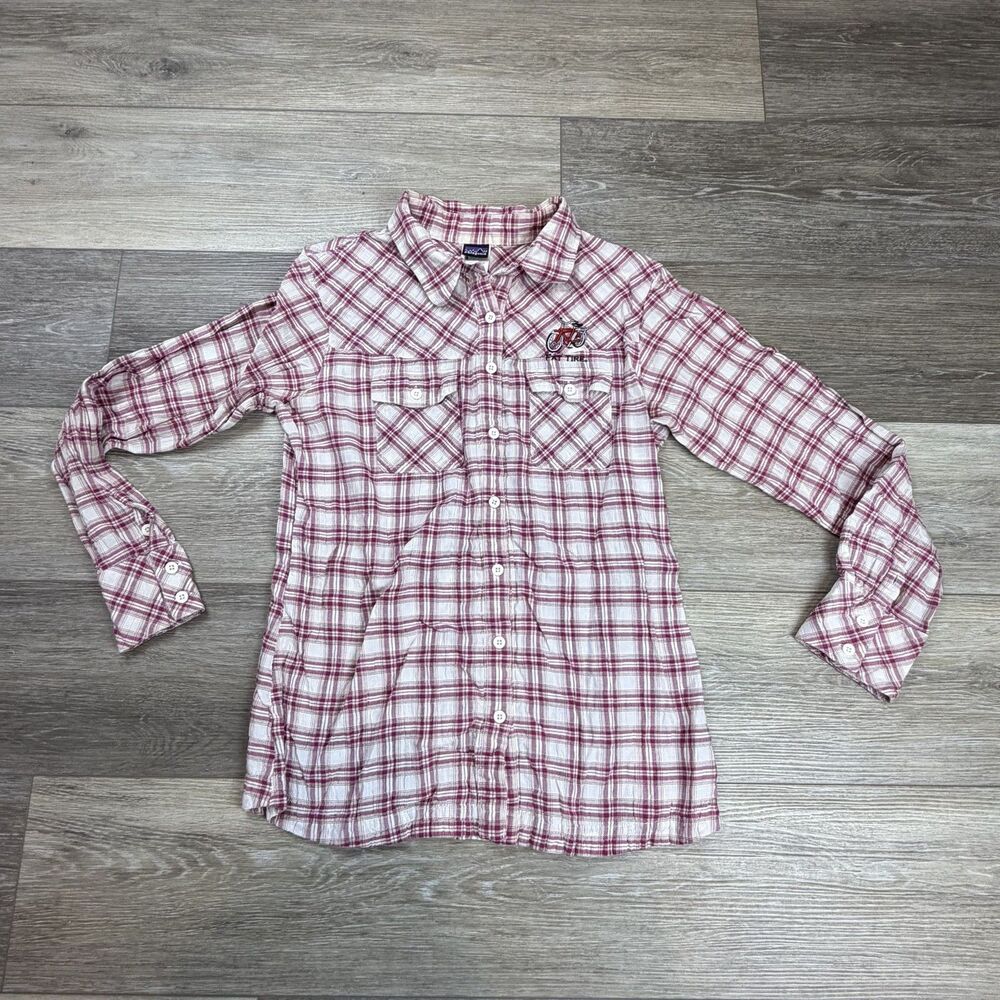 Patagonia Button-Up Shirt Womens Size 4 Red Plaid Fat Tire Beer Embroidered